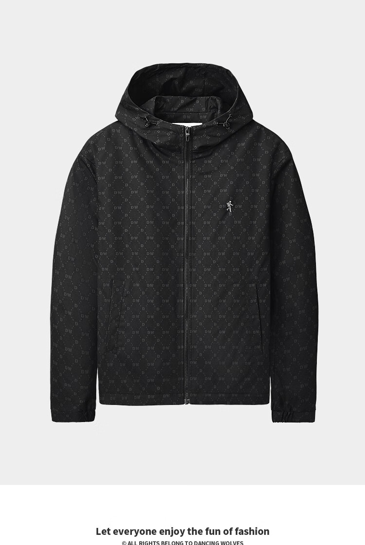 DANCING WOLVES Classic Monogram Print Fleece-Lined Hooded Casual Warm Men's Jacket 701 Khaki 2XL 2