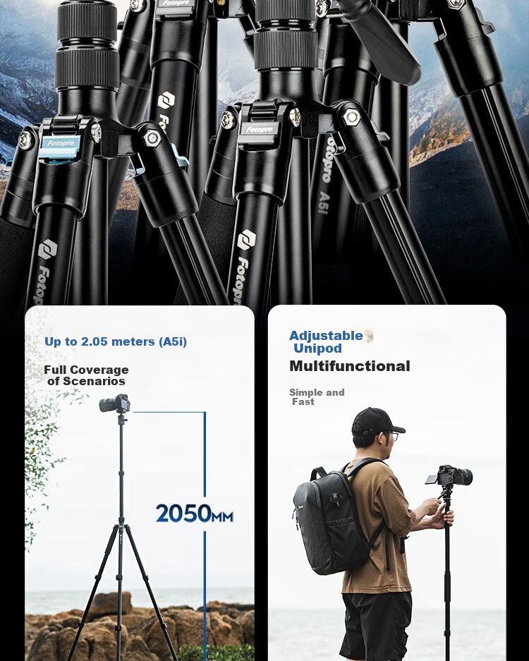 Fotopro A5i+55QS+SJ-85, Buckle Design Panoramic Ball Head, Variable Monopod, Mirrorless Digital Camera Photography Tripod, Feather Gray 2