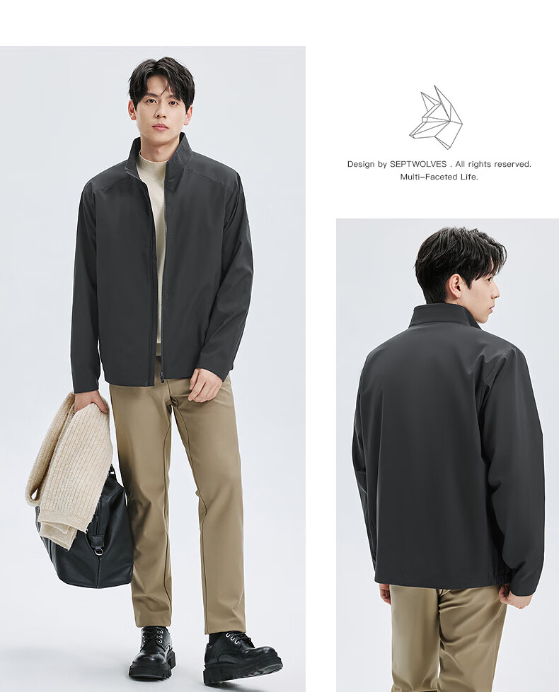 Seven Wolves [Three-proof Thin Fleece] Men's Jacket Spring Autumn Windproof Stand Collar Casual Men's Outerwear Black 4XL (190) 4