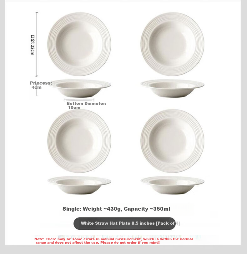 JIWUSENLIN Straw Hat Plate, Household Salad Plate, Threaded Ceramic Soup Bowl, Western Pasta Dish, White, 8.5 Inches, Set of 4 15
