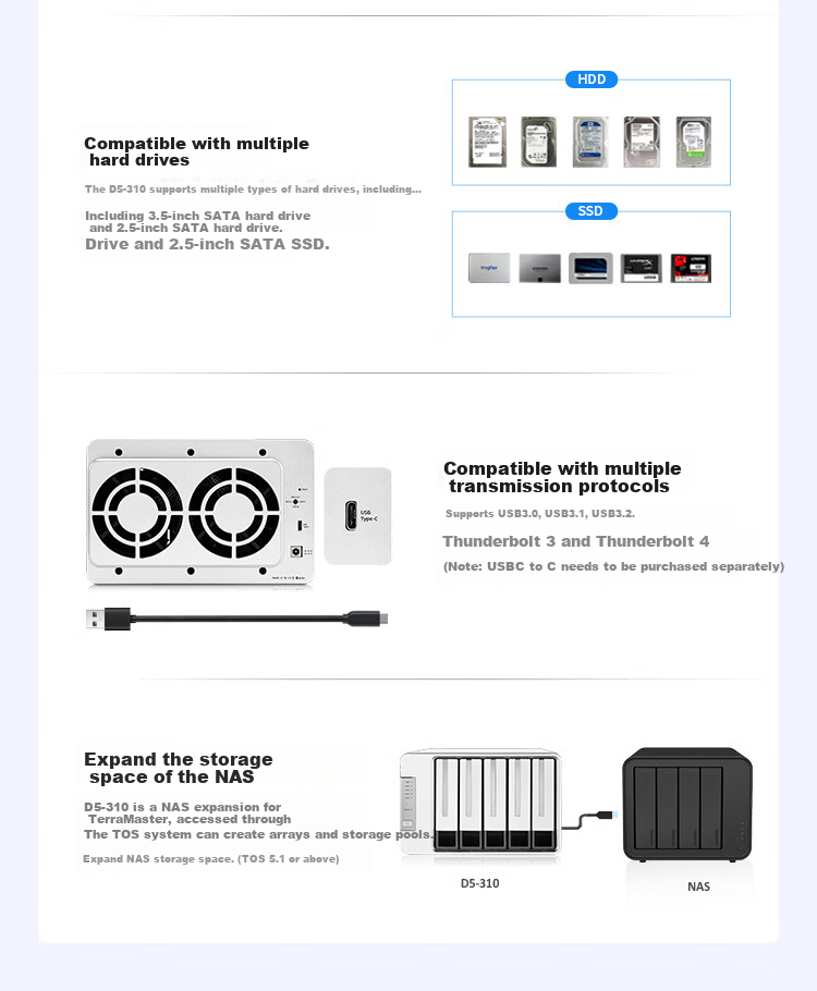 TERRA MASTER D5-310, 5-Bay RAID Disk Array Enclosure, Hard Drive Enclosure Suitable for NAS Expansion Storage, Compatible with 2.5/3.5-Inch Mechanical And Solid-State SATA Hard Drives, Universal Hard Drive Cabinet 6