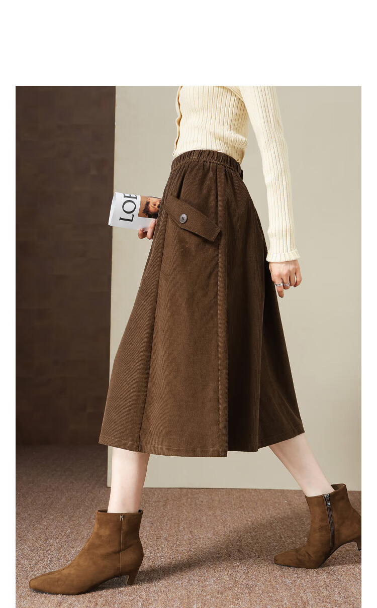 Demana Pure Cotton Corduroy Winter Elegant Elastic Waist Pocket A-Line Skirt Slimming Petite Women's Midi Skirt 2
