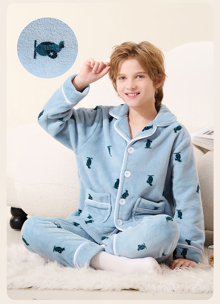 Hodo Children's Flannel Pajama Set Boys' Thickened Coral Fleece Cardigan Homewear Autumn Winter Outerwear Set 1