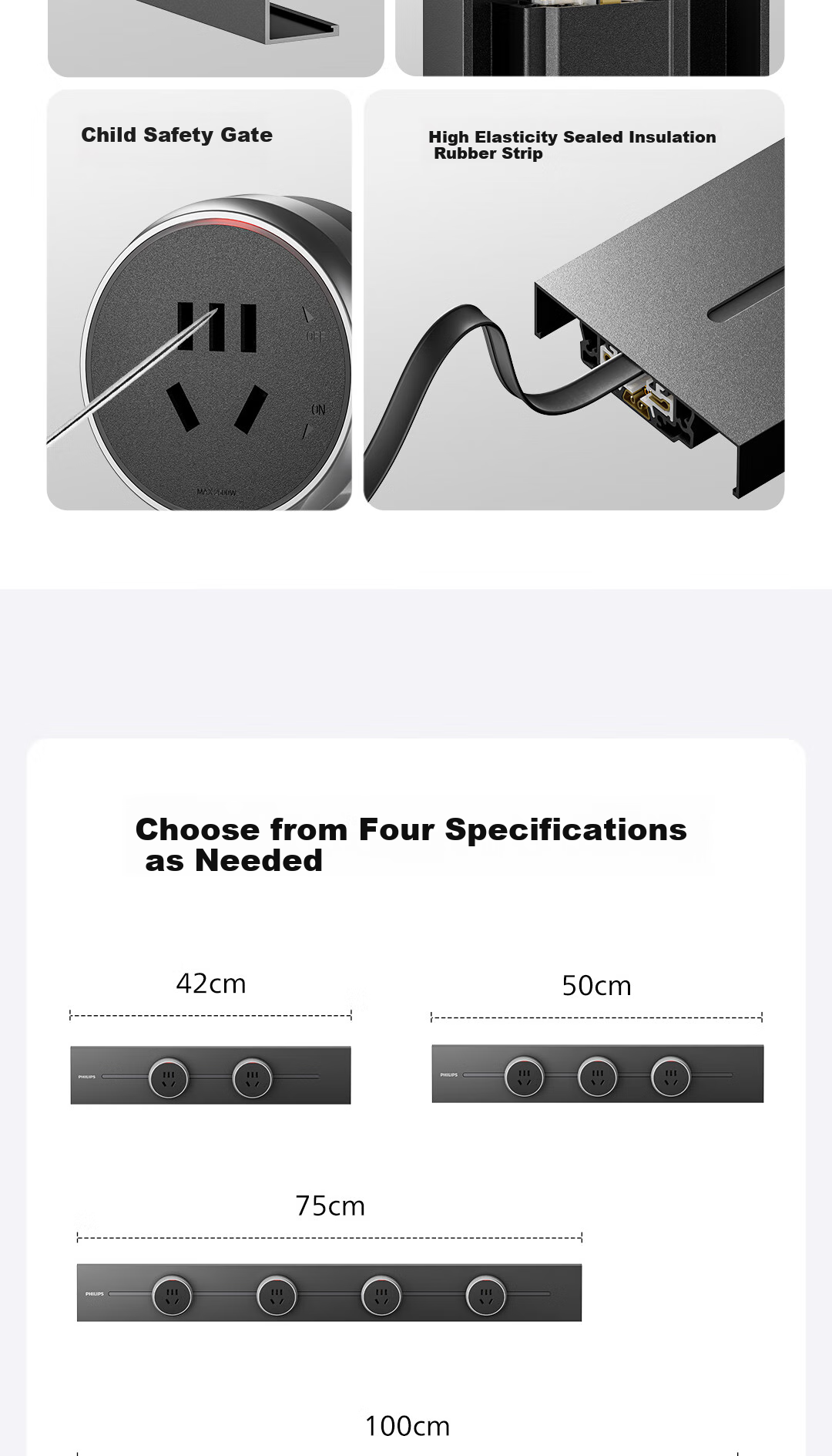 PHILIPS Surface-Mounted Track Socket Switch Panel, Wall-Mounted without Slots, Movable Sliding Rail Panel for Sideboard, Track-Type Sliding Power Strip, 42cm Track + 2 Adapters, Black 17