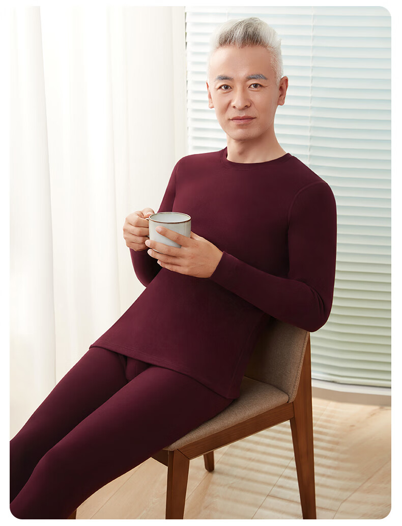CASENLAND Men's Middle-aged and Elderly Thermal Underwear Set, Fleece Lined, Thickened, Antibacterial, 100% Cotton Long Johns and Top, Autumn Winter Cotton Sweater 3