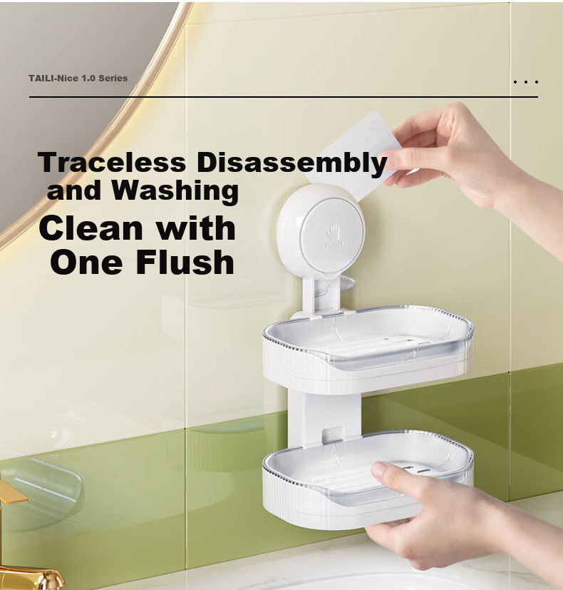 Taili [Best-Selling No.1] Wall-Mounted Soap Dish, Bathroom Suction Cup Holder, No-Drill Storage Rack with Drainage, Double-Layer 6