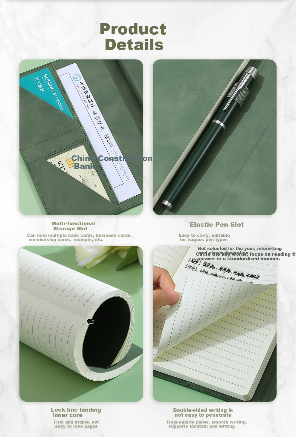 Jiaranheng Notebook, Aesthetically Pleasing Journal, High-End Business Office Stationery, A5 Thick Leather Cover Notebook, Meeting Record Book, Work Diary, Customizable, Matcha Gree 7