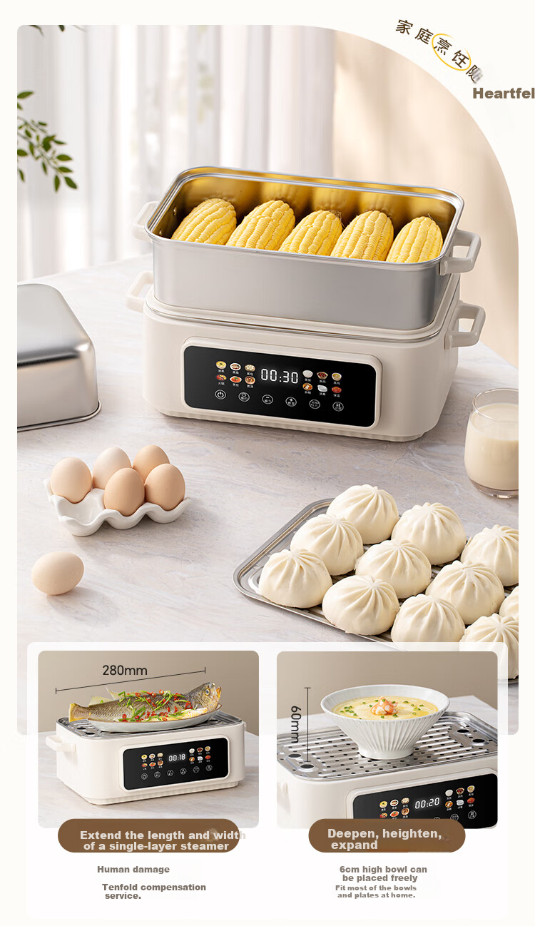 LOTOR Multi-Purpose Electric Steamer Pot, 3-Layer Stainless Steel Large Capacity Multi-Layer Steam Cooker for Home Use, Suitable for 3-4 People, Non-Coated Multifunctional Pot DZGBXG17 6
