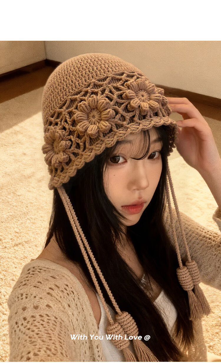 Zhenxiang Women's Spring Autumn Woolen Hat Flower Hand-Crocheted Knit Hat Travel Photo Outfit Birthday Gift Z868 6