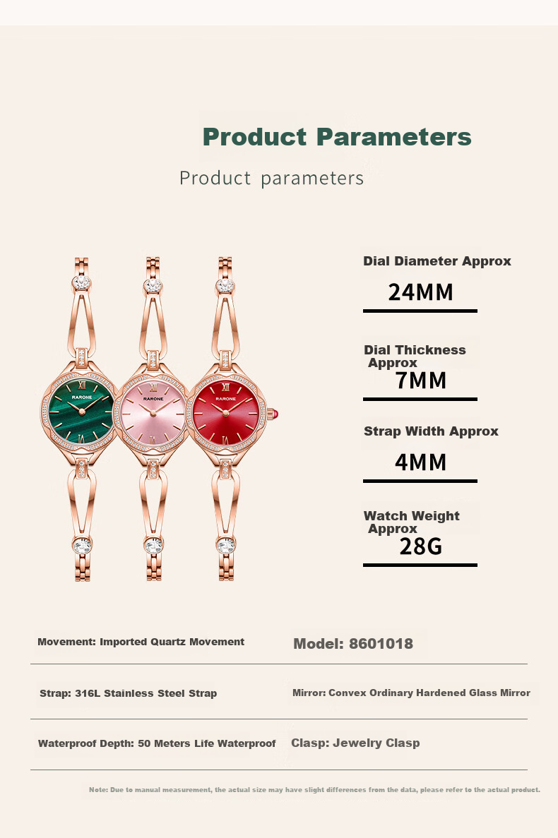 RARONE Slim Waist U Women's Watch, Cherry Pink Bracelet Wristwatch, Quartz Steel Strap, Birthday Gift for Girlfriend 9