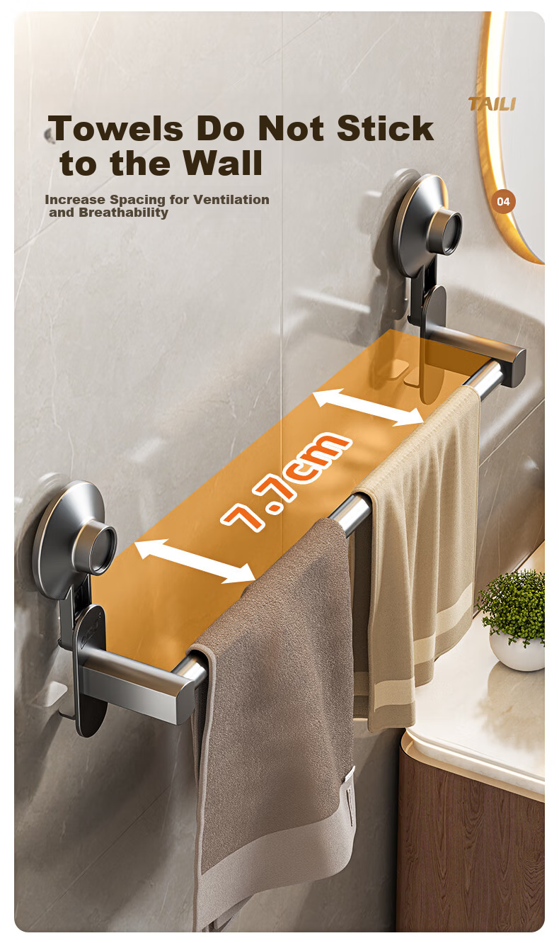 Taili Towel Rack, Single Bar, No Drilling Required, Space Aluminum, Bathroom Wall-Mounted Storage Rack, Toilet Suction Cup Towel Rod 6