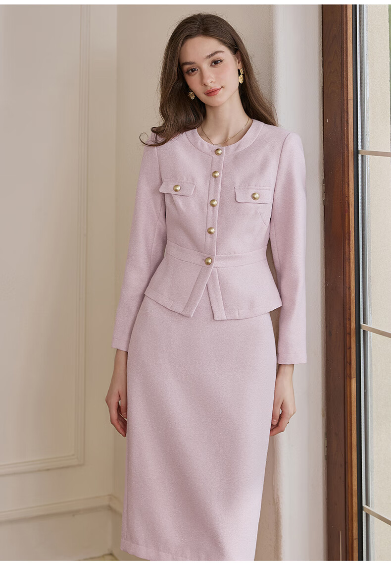 ROEYSHOUSE Premium Little Chanel Style Slim Fit Short Jacket + Skirt Two-Piece Set 09299 Pink M 12