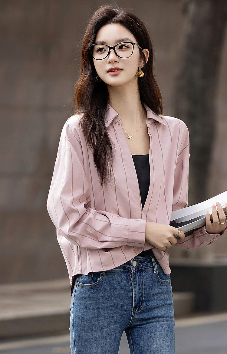 Demana Order Sense Striped Autumn Korean Style Cross Lapel Shirt with Pocket and Pleated Hem Women's Top 7