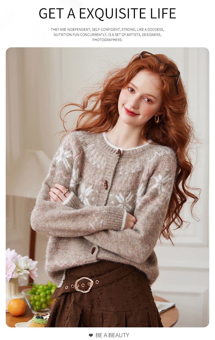 Bailuyu Vintage Colorblock Snowflake Wool Blend Cardigan Sweater Women Oatmeal S 2025 Autumn Winter New 8