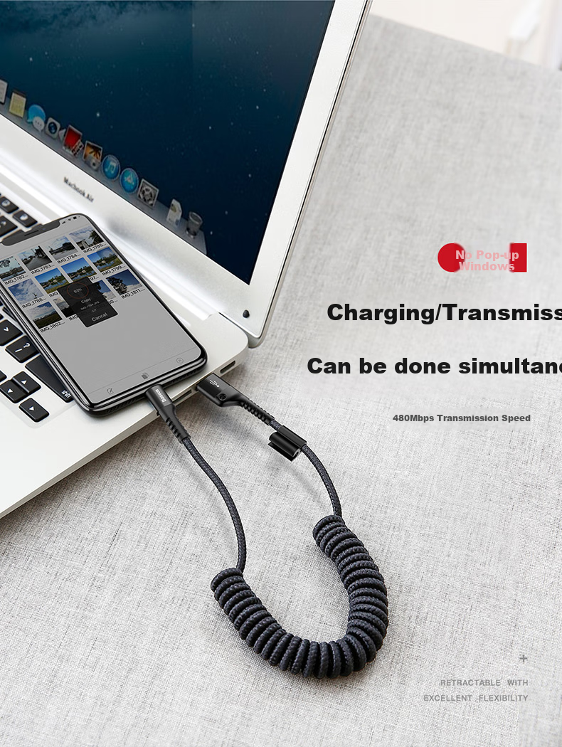 Baseus Apple Data Cable, Spring Retractable Car Phone Charging Cable, Portable Car Charger, Suitable for IPhone14/13/12/11/8Plus/X/iPad/Air/Pro, 1 Meter 7