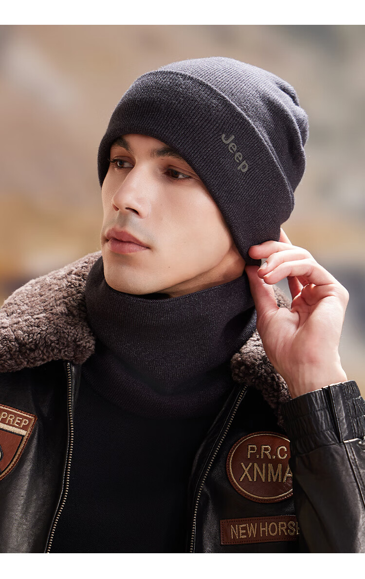 JEEP Men's Autumn Winter Knitted Hat Fleece Lined Warm Neck Warmer Thickened Woolen Beanie Ear Protection Cold Resistant Hat Black 15