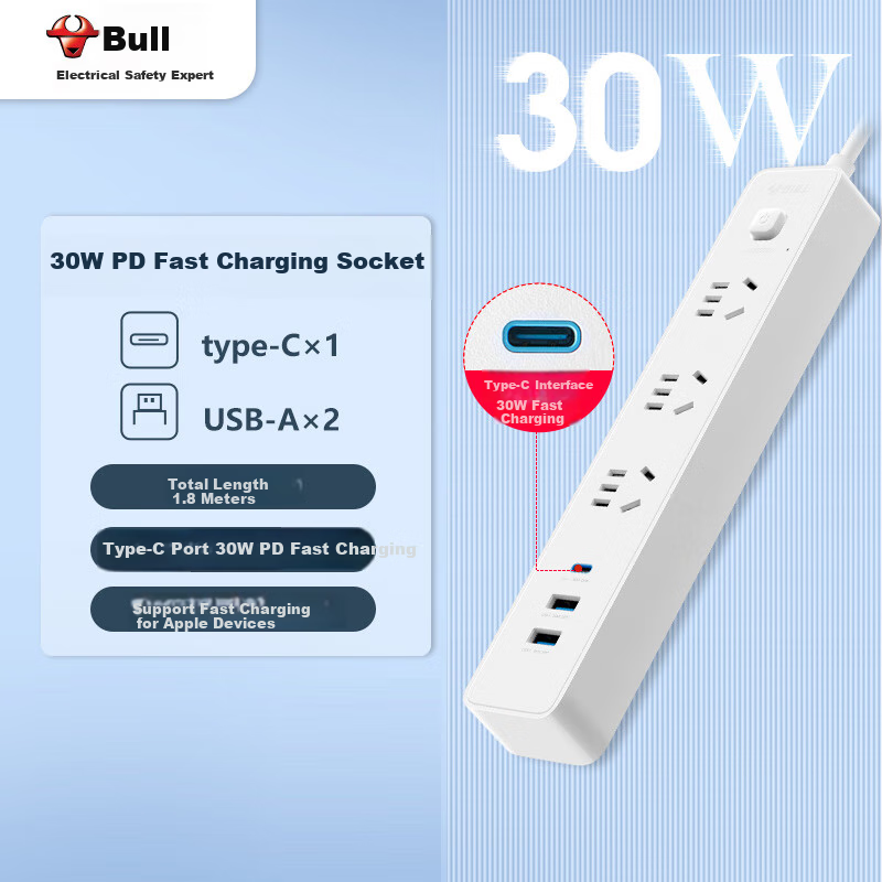 BULL 30W PD Apple Fast Charging Socket/power Strip/extension Cord/desk Charging Station with Type-C + USB + 3 Outlets, Total Length 1.8 Meters, White, GNV-UU4303B Master Control