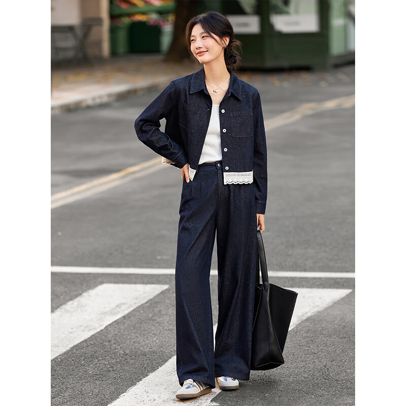 Fanshi Man Lace Trim Denim Set Women Autumn New Lapel Jacket and Pants Two-Piece Set Denim Blue S