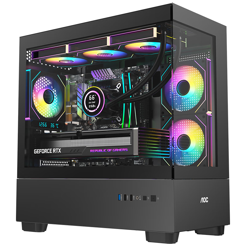 AOC CG393B Black Gaming Desktop Computer Case, Dual-Sided Glass, MATX Motherboard, 360mm Water Cooling, 9 Fan Positions, Top And Bottom Compartments