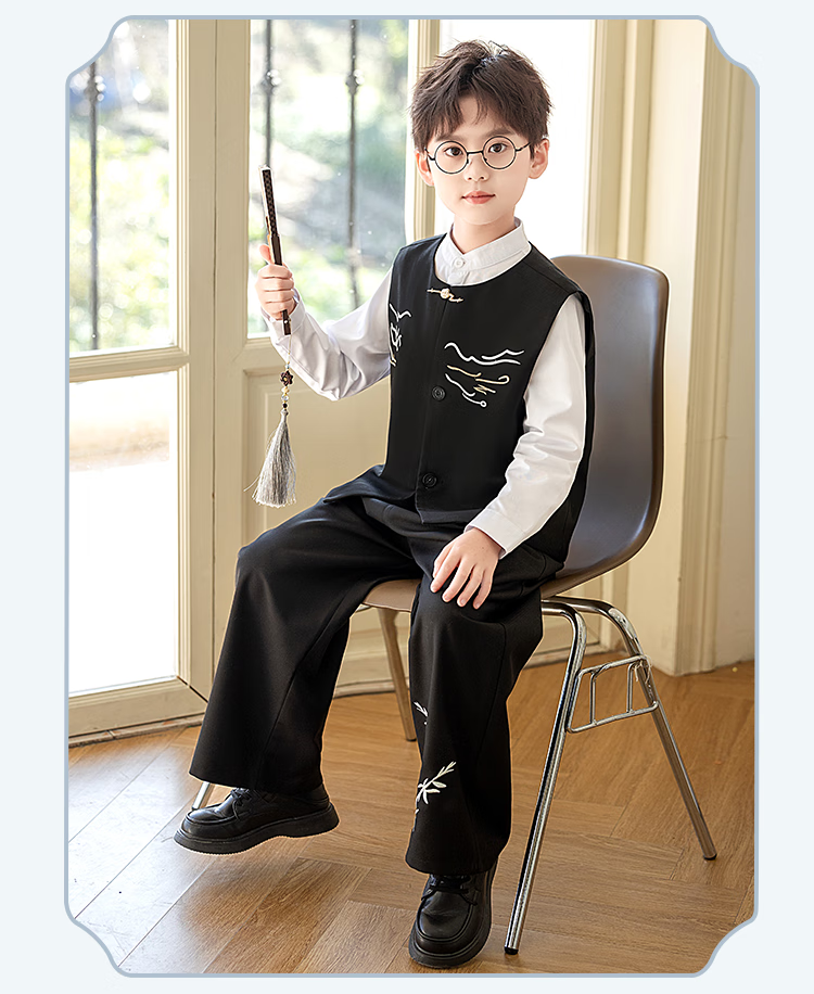 Carrot Beibei Children's Hanfu New Chinese Style Vest Set Boys National Style Embroidered Ceremony Performance Costume Black Long Pants Set Size 110 7
