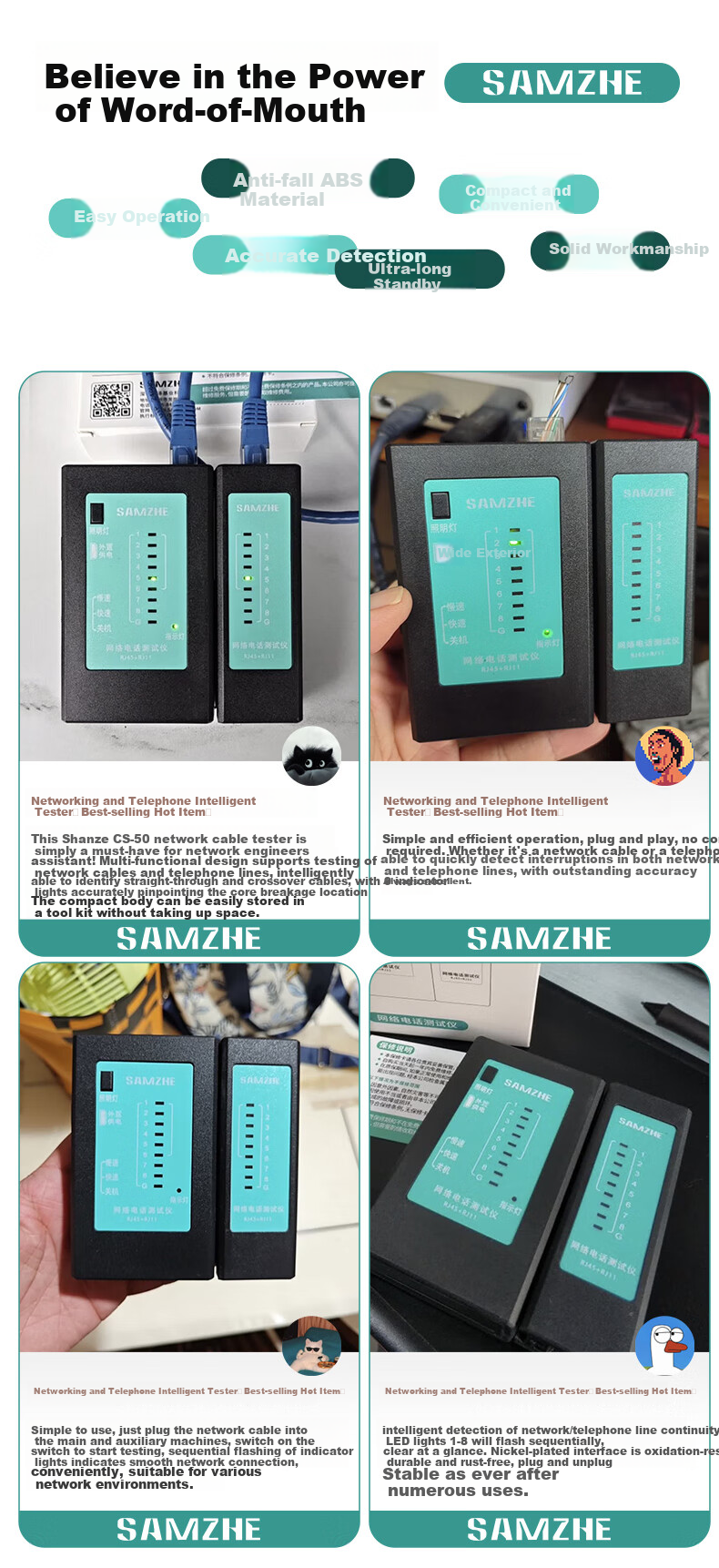 SAMZHE Network Cable Tester, Multifunctional Network/cable Telephone Tester, Network Crystal Head Single-Head Test for Engineering/home Use, Intelligent Signal Detector Continuity Tester CS-66 1