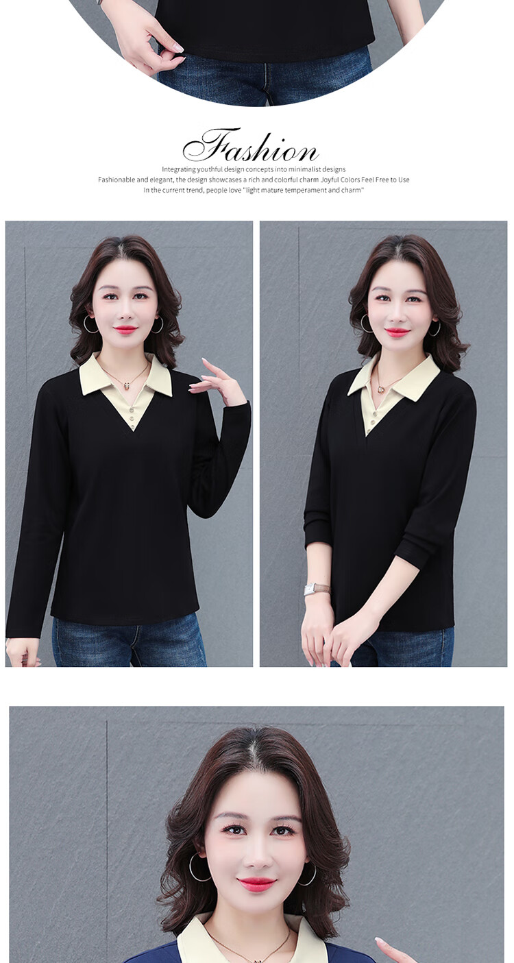 Woodpecker Women's Long Sleeve Polo Shirt Fake Two-Piece Autumn New Large Size Base Shirt Blue 3XL 11