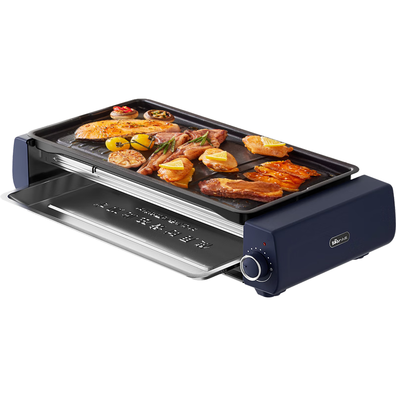 Bear Electric Grill, Home Barbecue Grill, Meat Roasting Pan, Electric Griddle, All-In Grill for Skewers And Meat, Low Smoke Emission, Fully Detachable, Suitable for 5-7 People, Q21N1