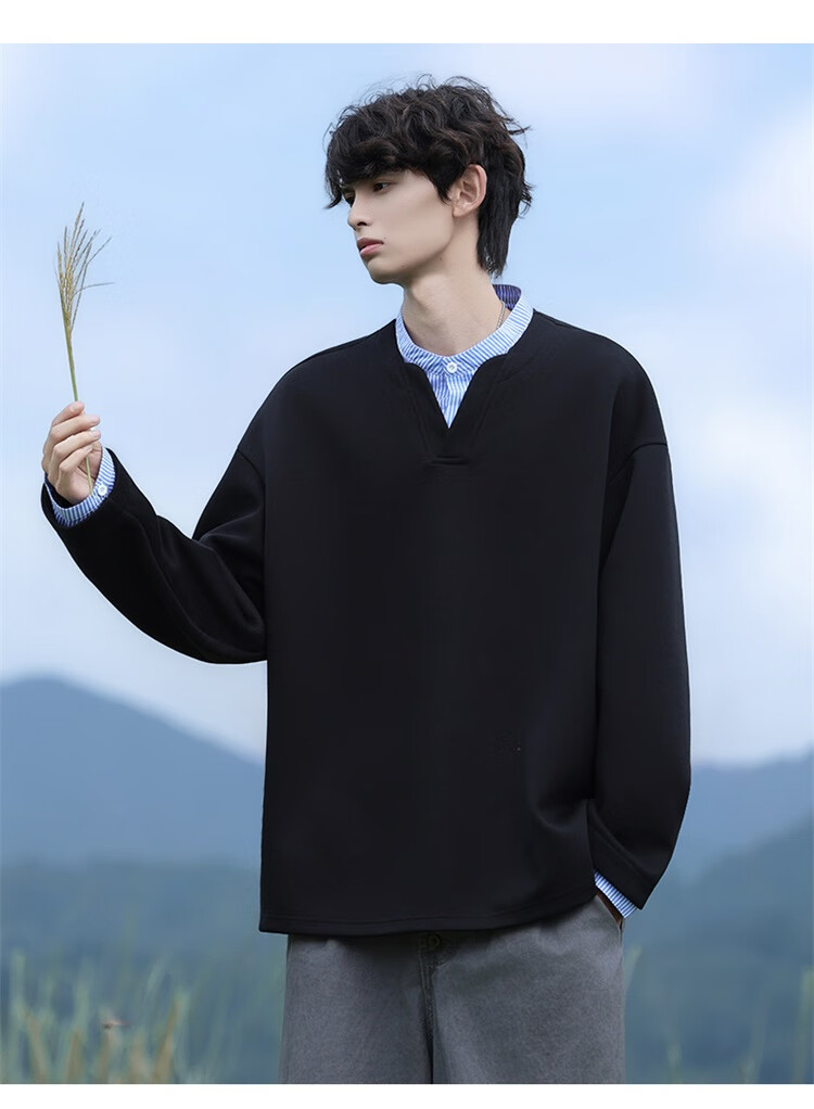 Homlean Men's American Casual Two-in-One Sweatshirt Autumn Loose Vintage Polo Shirt Versatile Top HP05 Ultimate Black 3XL 4