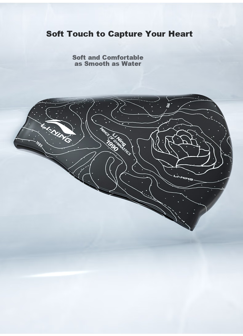 Li-Ning Swimming Cap, Silicone Waterproof Swim Cap for Long Hair, Fashionable Floral Pattern Swim Cap for Men And Women, LSMP016-1 Black 5
