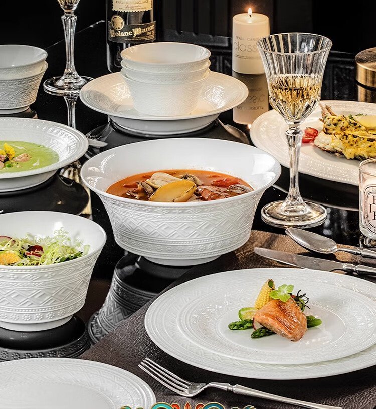 Luowei × Dunhuang Creative Collaboration Bone China Dinnerware Set with Underglaze Colored Bowls, Home Use Jingdezhen Round Perfect Auspicious 28-Piece Set 3