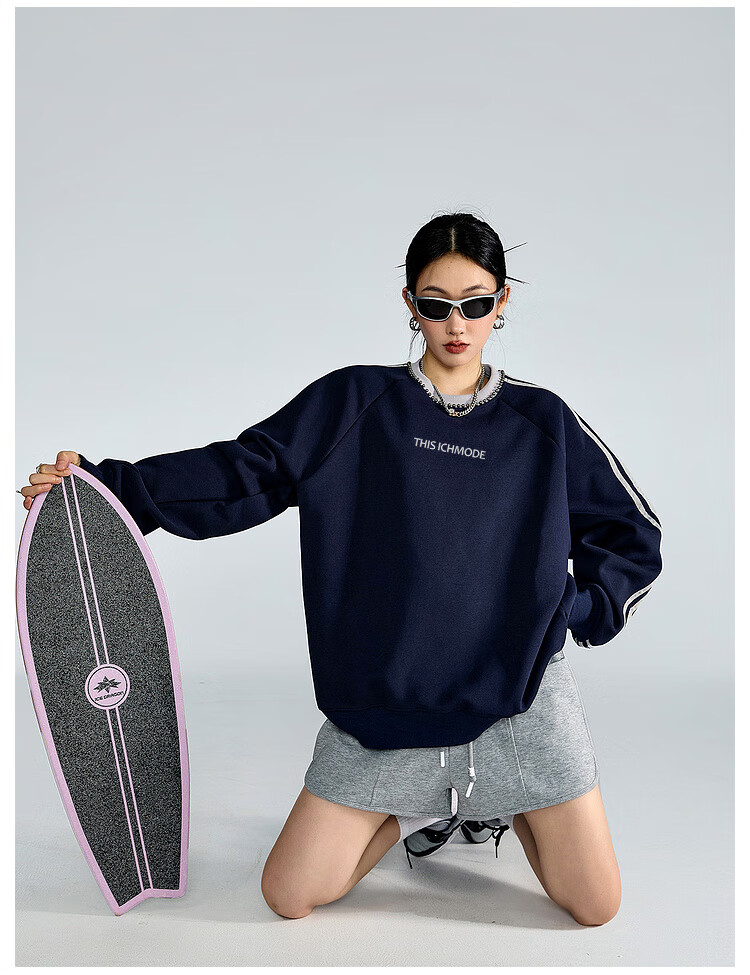 ICH MODE American Style Crewneck Pullover Sweatshirt Vintage Striped Women's Spring Autumn Long Sleeve Loose Sports Jacket Blue M 19