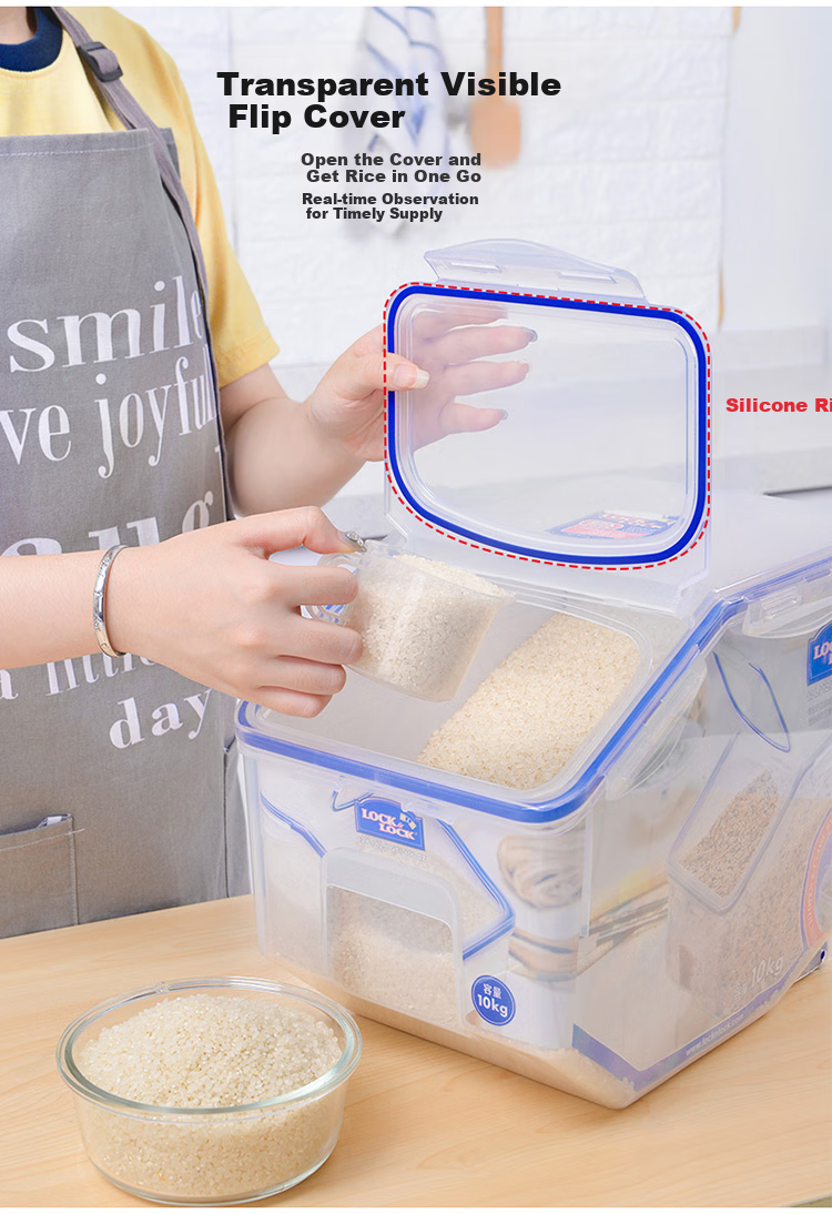 LOCK&LOCK Plastic Multi-Grain Rice Container, Sealed Storage Rice Box, 12 Liters Capacity (Can Hold 10kg of Rice), with Wheels And Measuring Cup Included 8