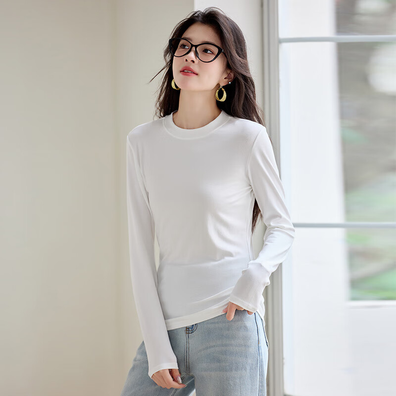 Miiow Lenzing Lyocell Crew Neck Base Layer Slim Fit Long Sleeve T-Shirt for Women 2025 Spring Autumn New White