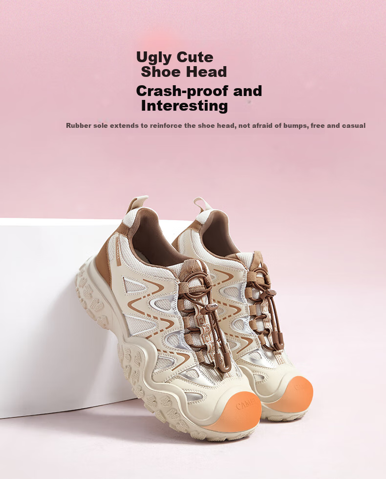 CAMEL Mountain-Style Ugly-Cute Women's Shoes with Hidden Heel Lift, Lightweight Outdoor Casual Shoes, L25A202145, Beige/purple, Size 37 9