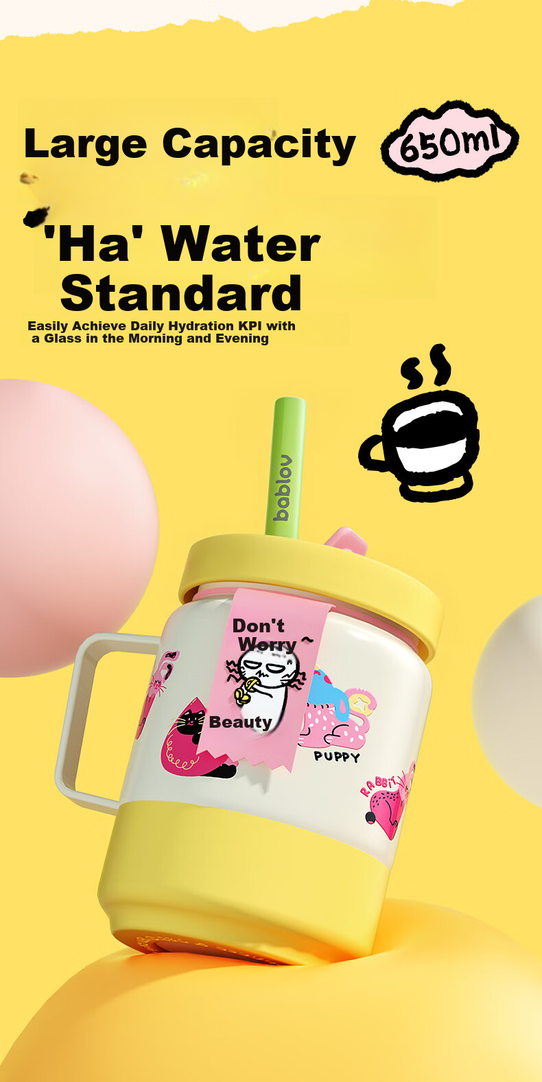 BABLOV Children's Insulated Cup, Stylish Large Capacity Coffee Mug for Girls, Stainless Steel Straw Water Bottle, Gift Cup 6