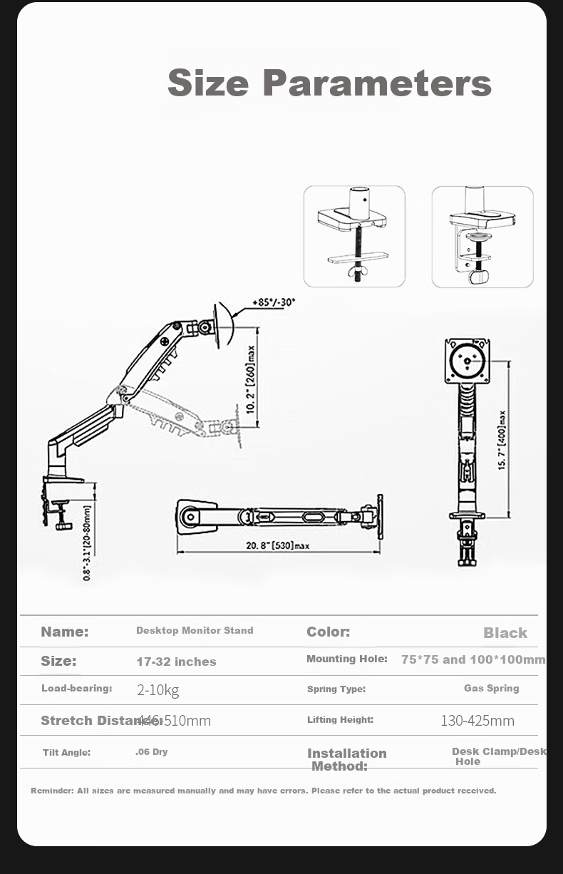 Geer Mechanical Arm Monitor Stand, Desktop Clamp-On No-Drill Computer Screen Support Arm, VESA Monitor Lifting And Heightening Bracket Base, 17-32 Inches 14