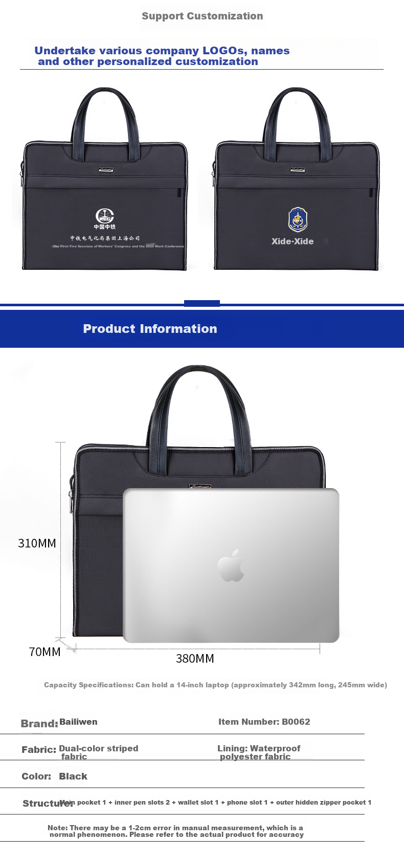 Bailiwen H8813 Black Handheld Thickened Laptop Bag, Business Briefcase, Large Capacity Commuter Bag, Document Bag, Men's Handbag, Conference Folder, Briefcase 2