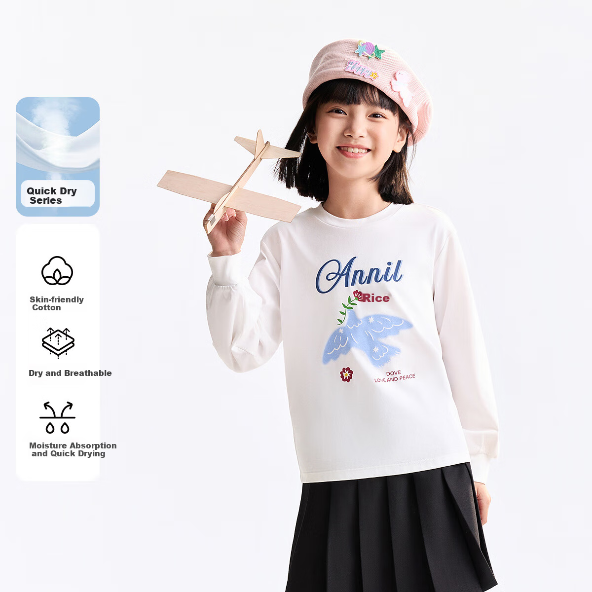 Annil [100% Cotton Quick-Dry T-Shirt] Girls' Round Neck Long-Sleeve T-Shirt, 2025 Autumn New Sports Base Layer