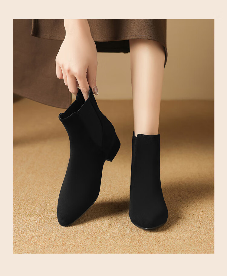 ZHR Women's Autumn Winter Suede Pointed Toe Fleece-Lined Chelsea Boots, Versatile Commuter Chunky Heel Boots K379A Black Size 36 4