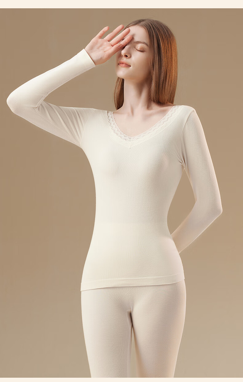 Miiow 2025 New V-Neck Lace Wool Lightweight Shaping Seamless Thermal Underwear Set for Women Slim Fit Autumn Top and Bottom 14