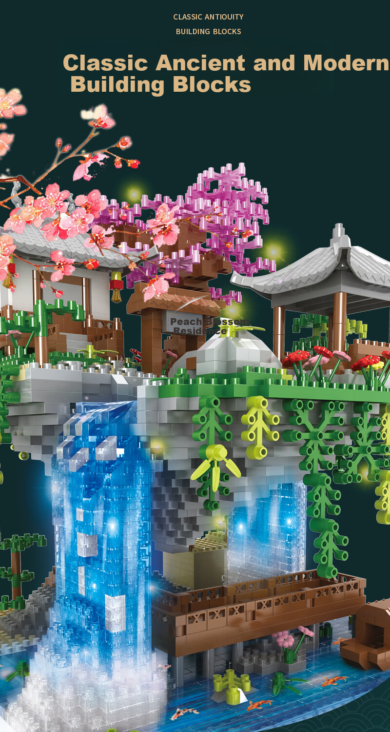 Miaoyan [2 Figurines] Peach Blossom Pond Architecture Compatible with Lego Building Blocks Display Set, Birthday Gift for Children Aged 7-14 4