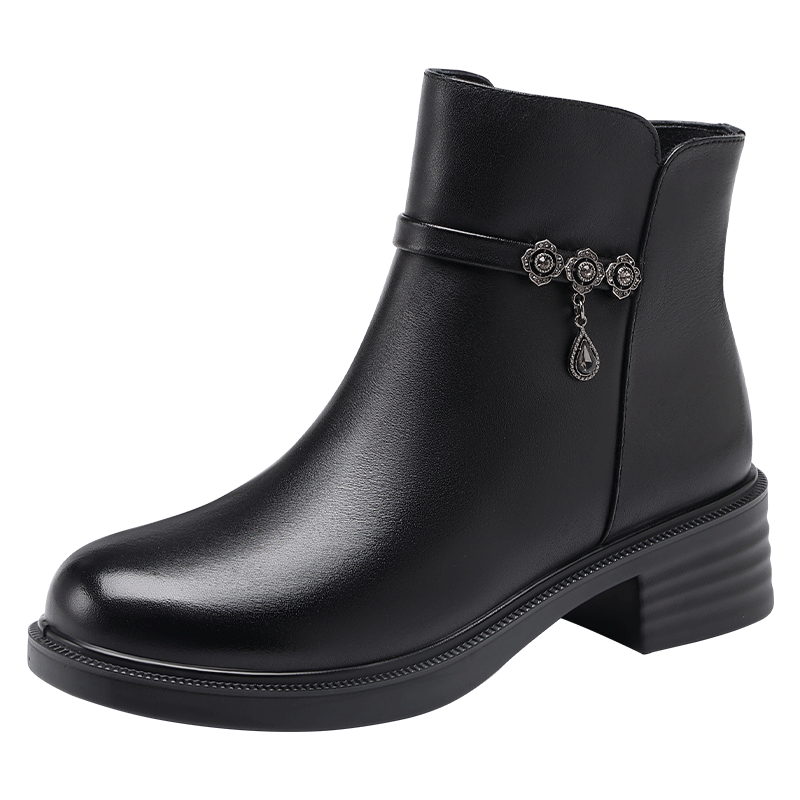 Red Dragonfly Women's Winter Fleece-Lined Warm Cotton Leather Boots Lightweight Soft Sole Middle-Aged and Elderly Short Boots WTC457361H Black Size 39