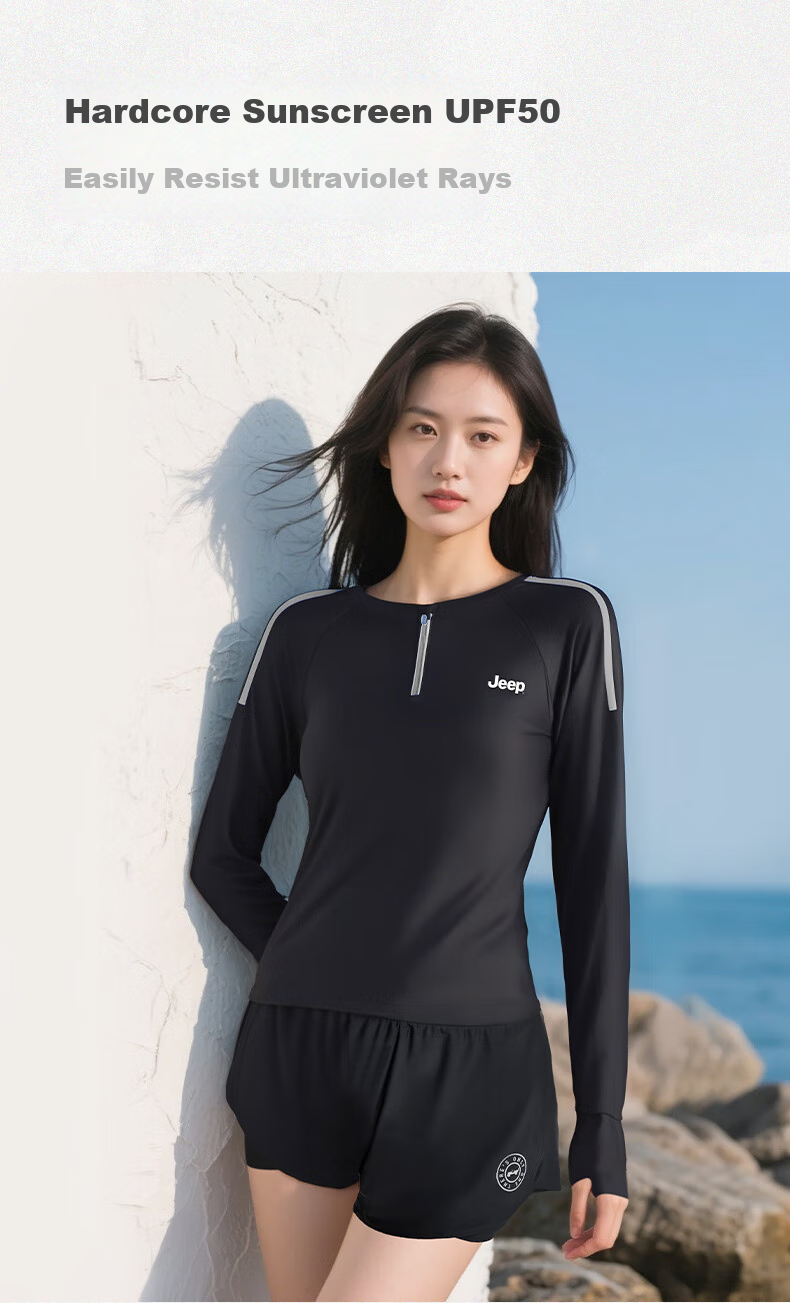 Jeep Women's Two-Piece Long-Sleeve Conservative Swimsuit, Double-Layer Slimming Sun Protection Quick-Dry Swimwear for Hot Springs, Black, Size L 5