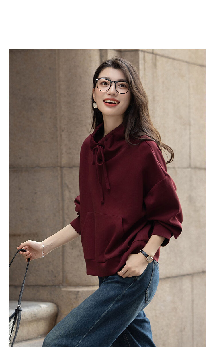 Demana [Comfort Elastic 280G Air Layer] Autumn Sports Style Blogger Stand Collar Drawstring Loose Fit Petite Women's Sweatshirt 1