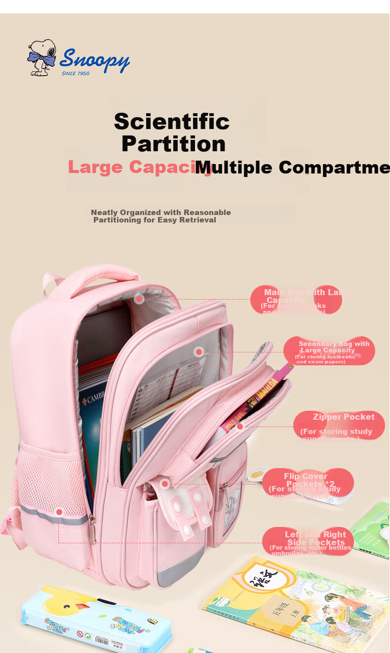 SNOOPY Elementary School Backpack Lightweight Children's Spine-Protecting Load-Reducing Shoulder Bag for Grades 4-6, Large Pink Size 10