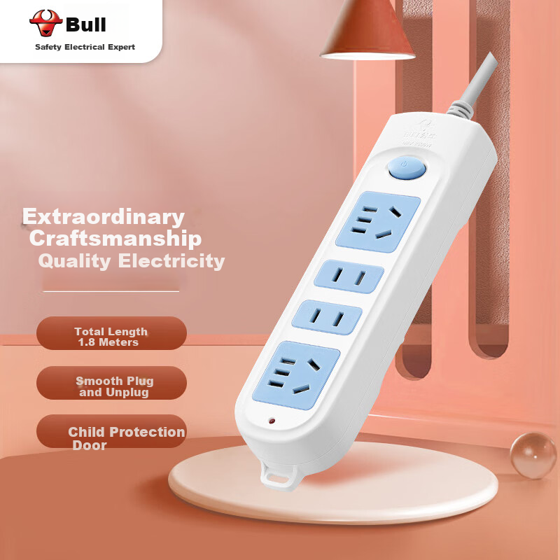 BULL Power Strip/Extension Cord/Power Bar/Surge Protector GN-607, 4 Outlets with Master Switch, Total Length 1.8 Meters