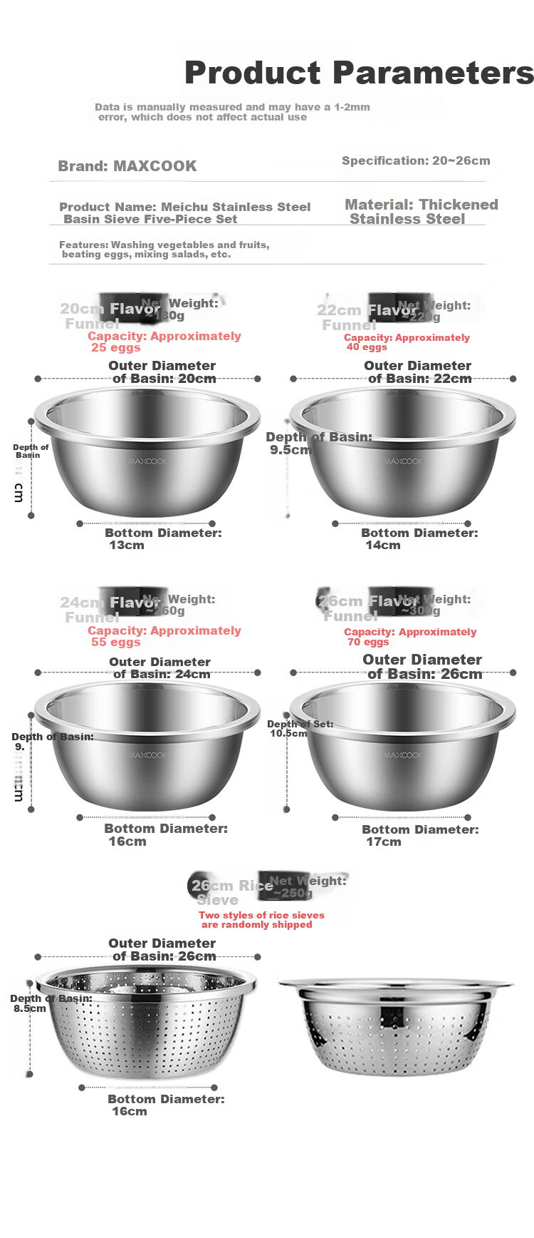 MAXCOOK Stainless Steel Bowl And Strainer Set of Five Pieces, 30cm Enlarged Thickened Vegetable Washing Bowl And Dough Mixing Bowl Seasoning Bowl Set MCWA798 3