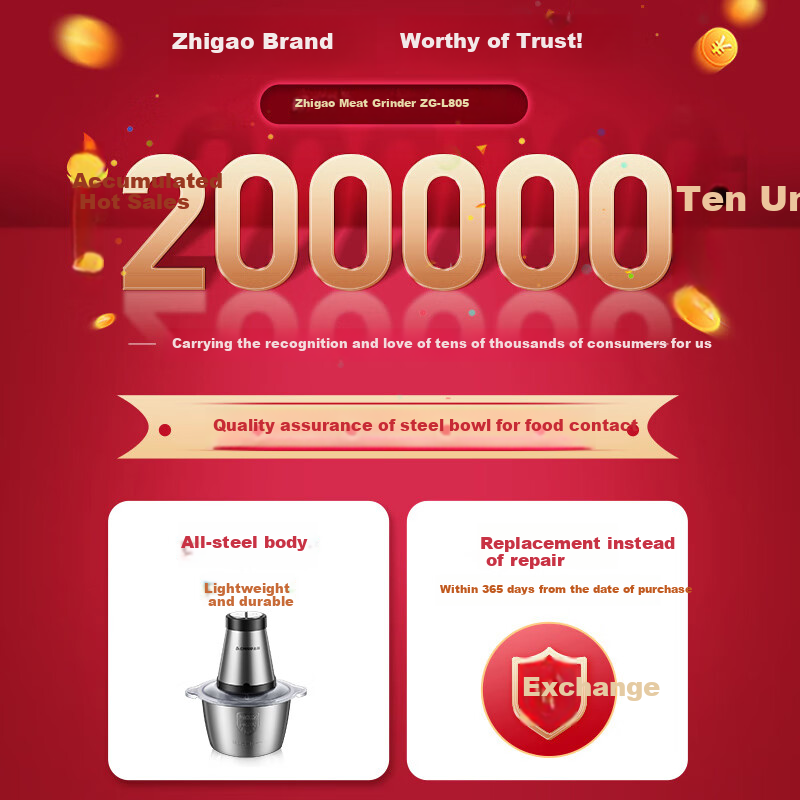 CHIGO Meat Grinder for Home Use, Mincer Machine, 304 Stainless Steel Small Multifunctional Food Processor, Meat Chopper, Dumpling Filling And Garlic Paste Maker, 2L Dual Blade Head ZG-L805 1