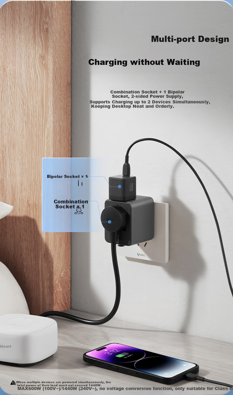 BULL 2-Outlet Multi-Country Travel Adapter/World Converter Plug for International Travel, Business Trips, And Study Abroad with Super Power Protection, European Standard, American Standard, Australian Standard, UK Standard GN-L10 Deep Space Gray 1