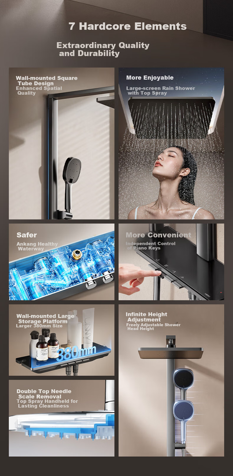 HEGII Shower Head D45, Descaling Self-Cleaning Square Tube Bathroom Shower Set DMF956B-334C 1